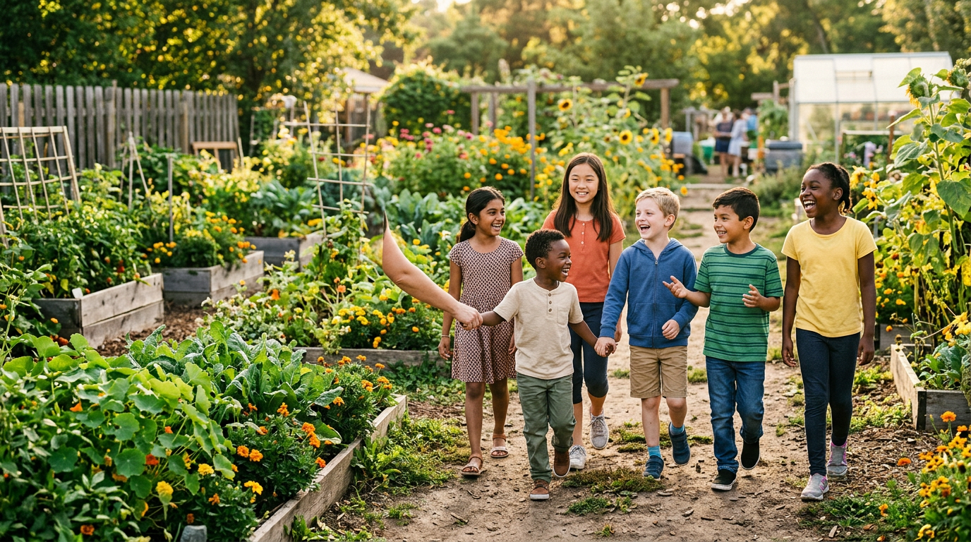 Children laughing together in a sunny community garden